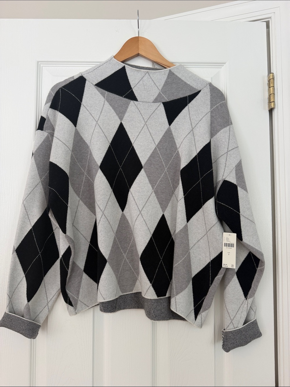 Anthropologie Gray and Black Argyle Crewneck Sweater